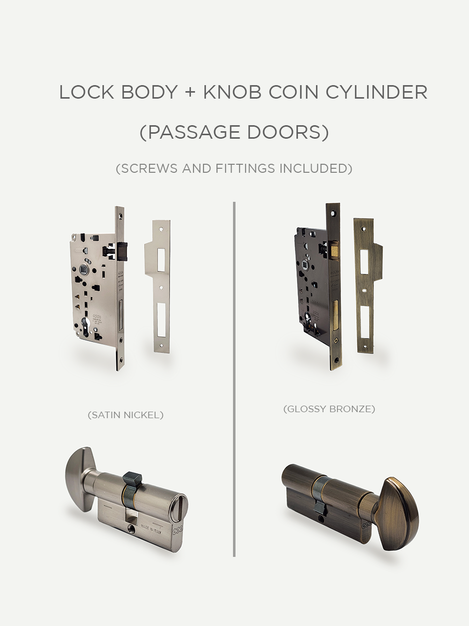 Lockbody + Knob Coin Cylinder for Passage Doors in Satin Nickel or Bronze  - Glitters Hardware 