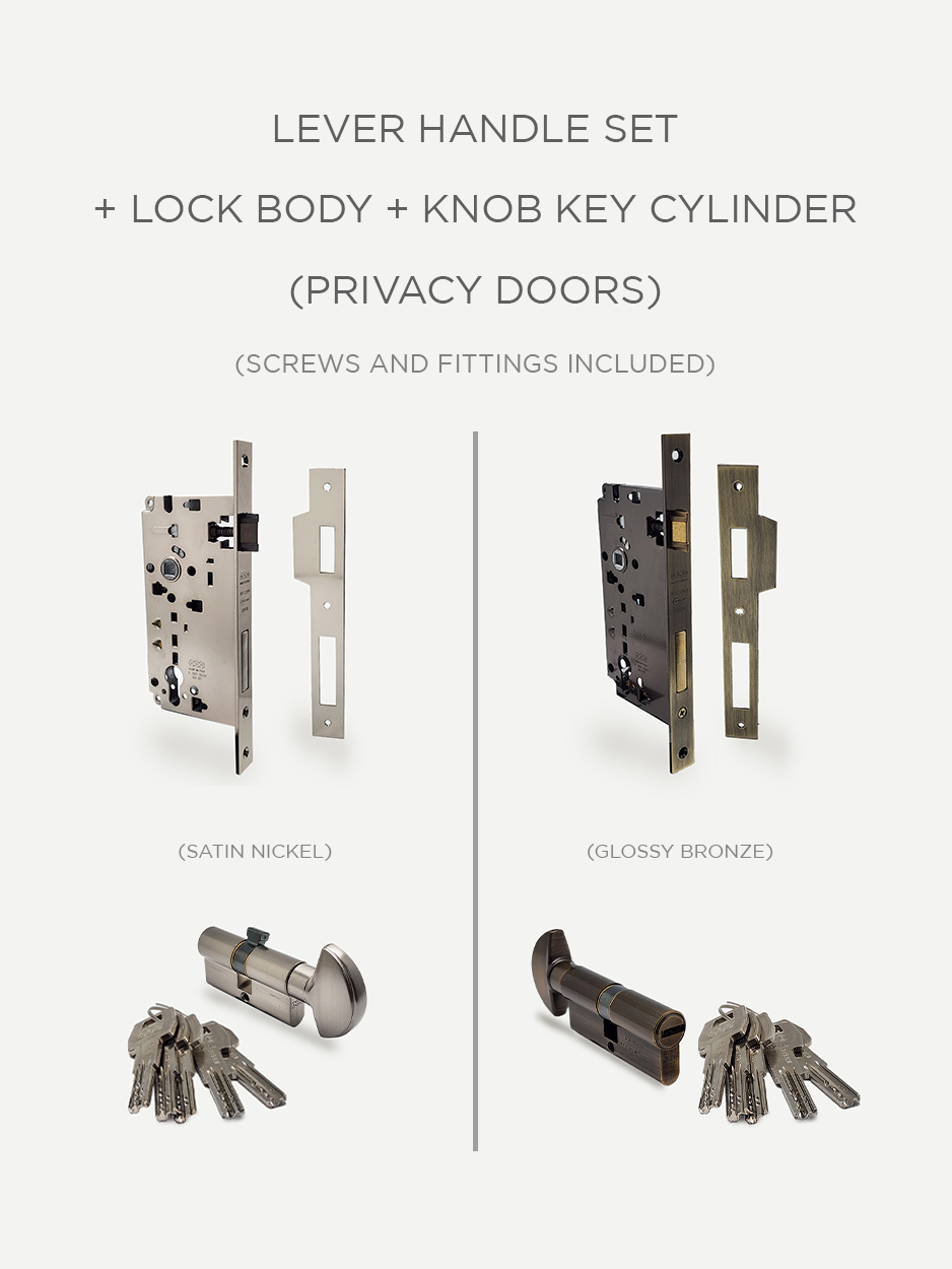 LEVER HANDLE SET WITH LOCK BODY AND KEY KNOB CYLINDER FOR PRIVACY DOORS WITH SCREWS AND FITTINGS INCLUDED 